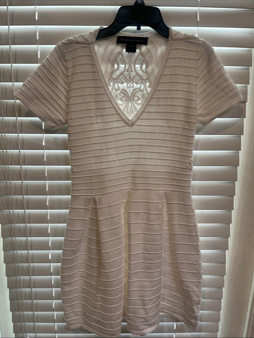 French Connection Cream Ribbed V-Neck Knit Top with Lace Inset